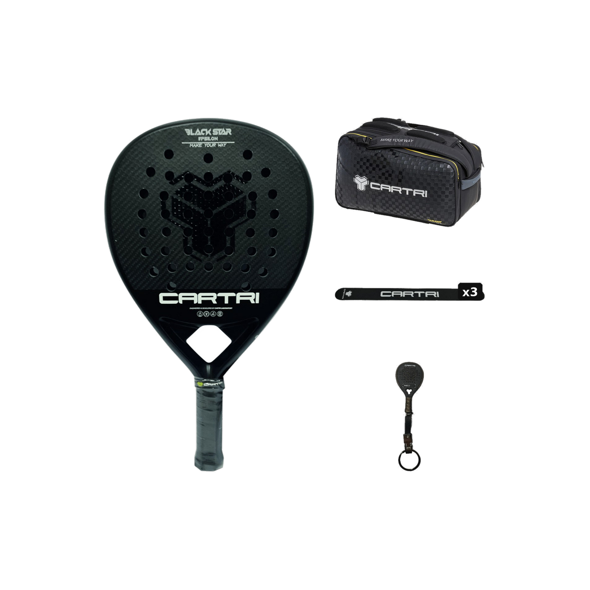 Pack Cartri: pala Black Epsilon, paletero Arkon, 3 protectores y llavero
